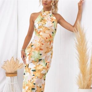 Satin Floral Halter Maxi Dress
